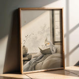 Light Silver Cockatiel Reading in Bed Poster | Japanese Zen Sumi-e Bird Wall Art | Warm Ivory Fog Gray Decor | Minimalist Bedroom Print