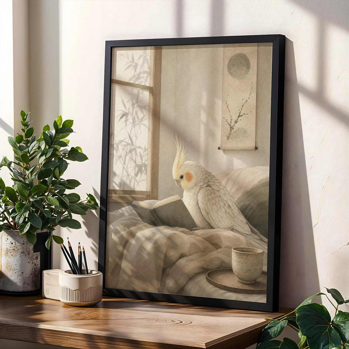 Pearl Cockatiel Reading in Bed Poster | Japanese Zen Ink Wash Bird Wall Art | Warm Ivory Sand Taupe Decor | Minimalist Bedroom Print
