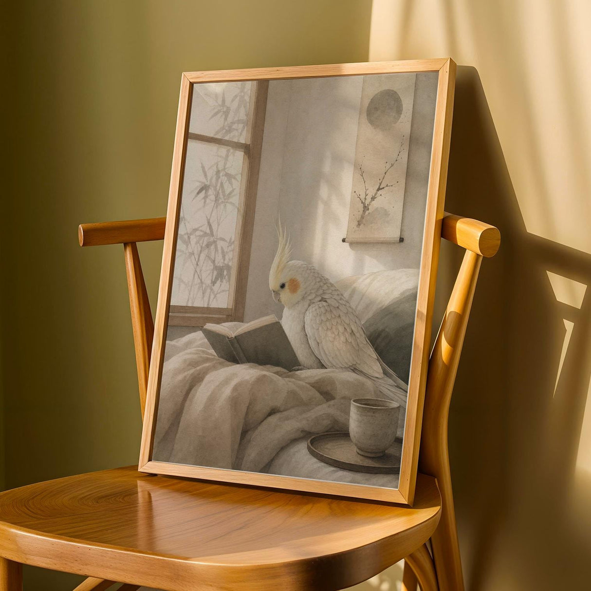 Pearl Cockatiel Reading in Bed Poster | Japanese Zen Ink Wash Bird Wall Art | Warm Ivory Sand Taupe Decor | Minimalist Bedroom Print