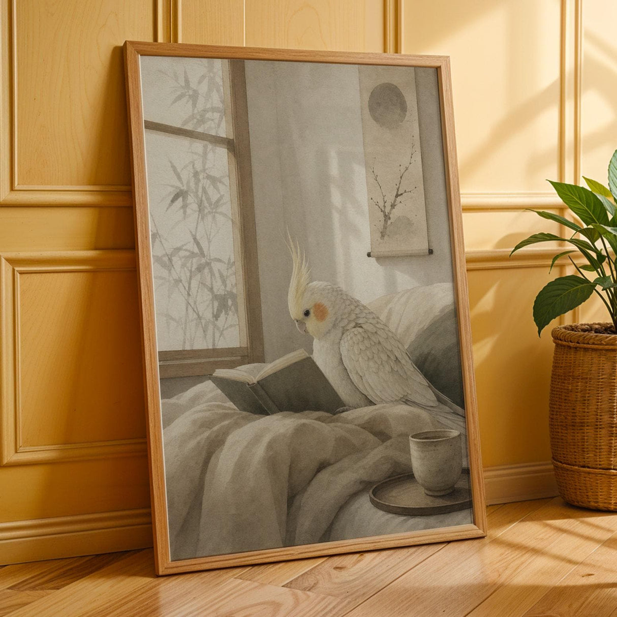 Pearl Cockatiel Reading in Bed Poster | Japanese Zen Ink Wash Bird Wall Art | Warm Ivory Sand Taupe Decor | Minimalist Bedroom Print