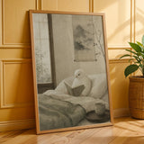 White Gloster Canary Reading in Bed Poster | Japanese Zen Sumi-e Bird Wall Art | Warm Ivory Fog Gray Decor | Minimalist Bedroom Print