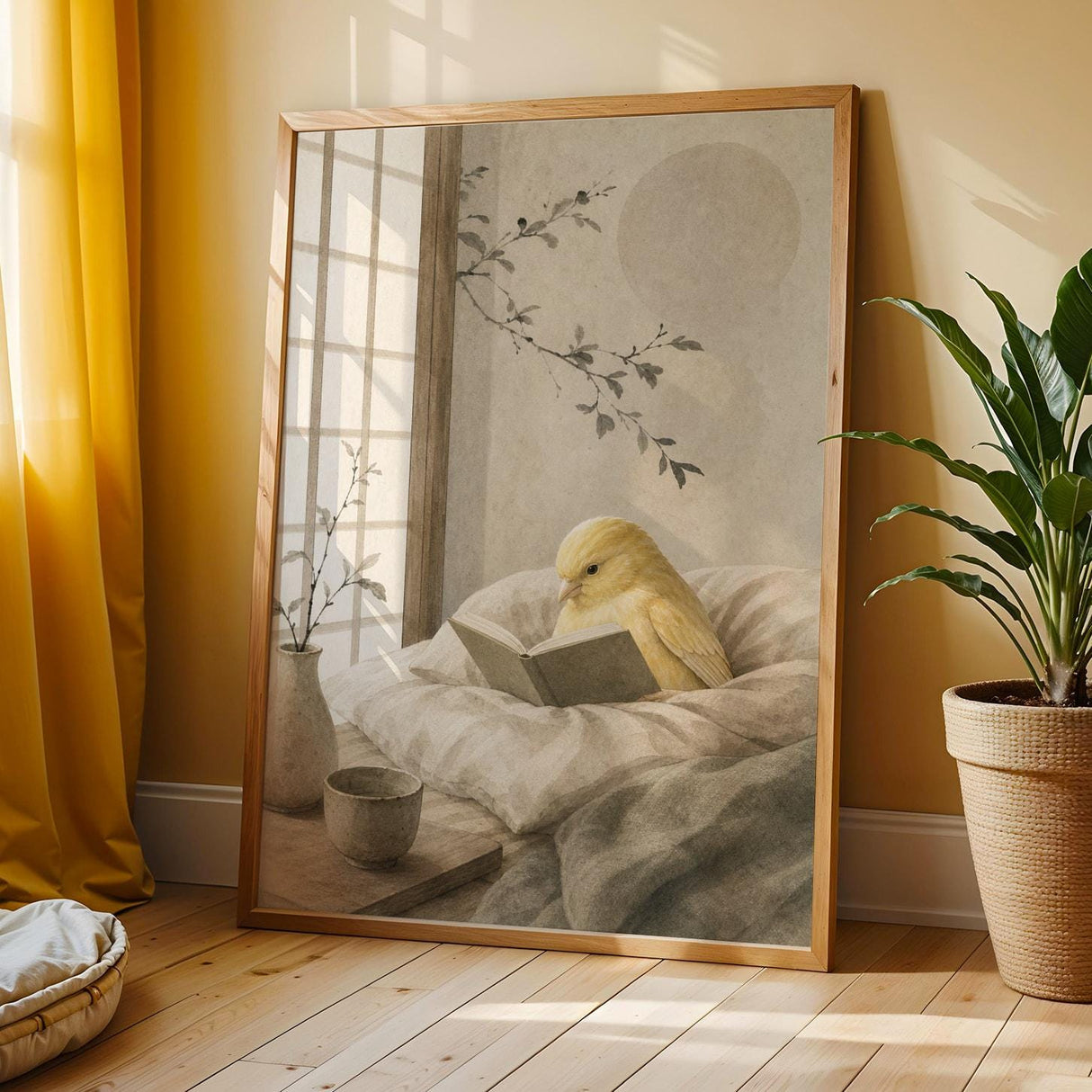 Fife Fancy Canary Reading in Bed Poster | Japanese Zen Ink Wash Bird Wall Art | Warm Ivory Fog Gray Decor | Minimalist Bedroom Print