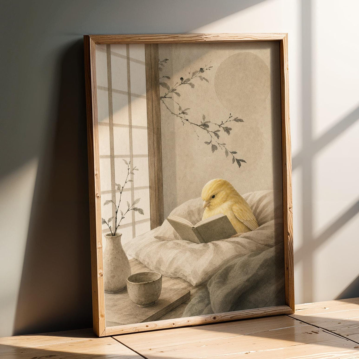 Fife Fancy Canary Reading in Bed Poster | Japanese Zen Ink Wash Bird Wall Art | Warm Ivory Fog Gray Decor | Minimalist Bedroom Print
