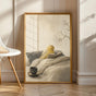 Roller Canary Reading in Bed Poster | Japanese Zen Sumi-e Bird Wall Art | Warm Ivory Neutral Decor | Minimalist Living Room Print