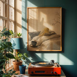 Roller Canary Reading in Bed Poster | Japanese Zen Sumi-e Bird Wall Art | Warm Ivory Neutral Decor | Minimalist Living Room Print