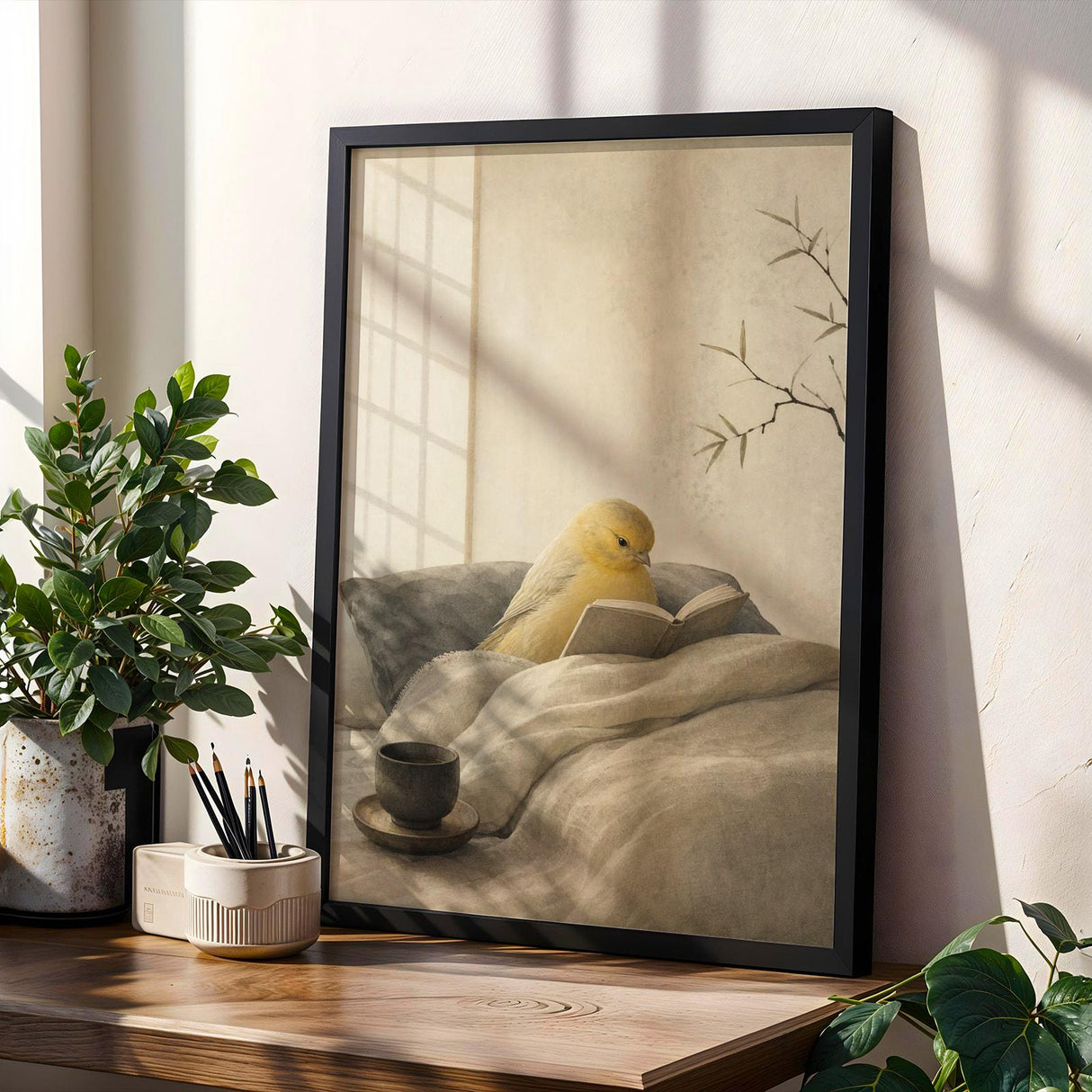 Roller Canary Reading in Bed Poster | Japanese Zen Sumi-e Bird Wall Art | Warm Ivory Neutral Decor | Minimalist Living Room Print