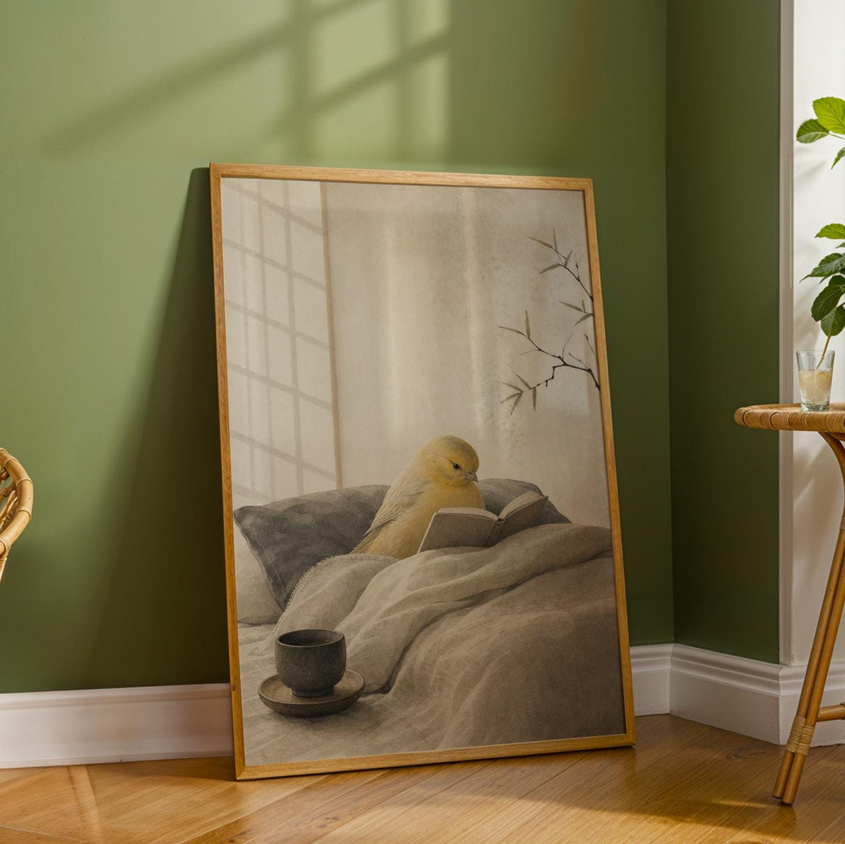 Roller Canary Reading in Bed Poster | Japanese Zen Sumi-e Bird Wall Art | Warm Ivory Neutral Decor | Minimalist Living Room Print