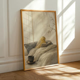 Roller Canary Reading in Bed Poster | Japanese Zen Sumi-e Bird Wall Art | Warm Ivory Neutral Decor | Minimalist Living Room Print