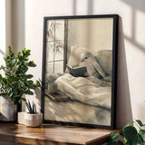 Silver Lizard Canary Reading in Bed Poster | Japanese Zen Sumi-e Bird Wall Art | Warm Ivory Fog Gray Decor | Minimalist Bedroom Print