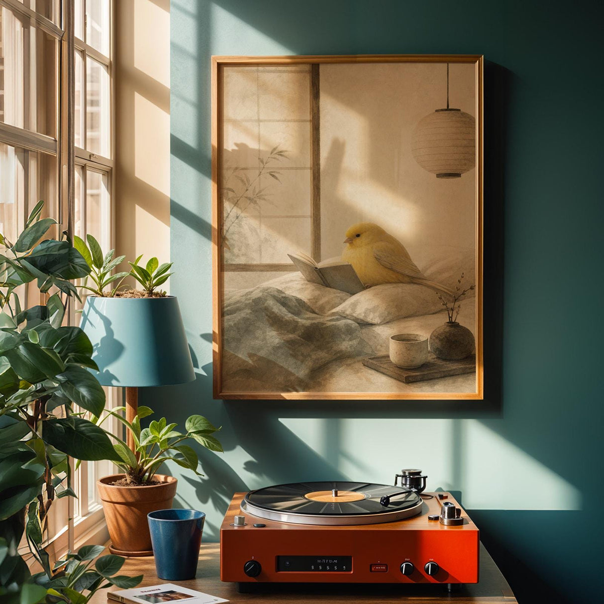 Gloster Canary Reading in Bed Poster | Japanese Zen Sumi-e Bird Wall Art | Warm Ivory Mustard Decor | Minimalist Bedroom Print