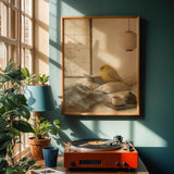 Gloster Canary Reading in Bed Poster | Japanese Zen Sumi-e Bird Wall Art | Warm Ivory Mustard Decor | Minimalist Bedroom Print