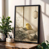 Gloster Canary Reading in Bed Poster | Japanese Zen Sumi-e Bird Wall Art | Warm Ivory Mustard Decor | Minimalist Bedroom Print