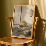Gloster Canary Reading in Bed Poster | Japanese Zen Sumi-e Bird Wall Art | Warm Ivory Mustard Decor | Minimalist Bedroom Print