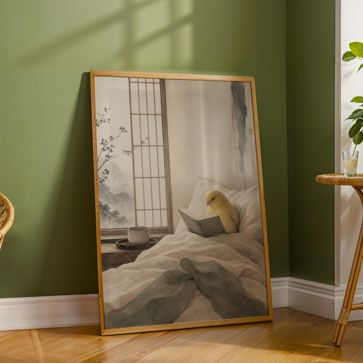 Waterslager Canary Reading in Bed Poster | Japanese Zen Sumi-e Bird Wall Art | Warm Ivory Fog Gray Decor | Minimalist Bedroom Print