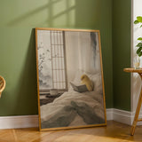 Waterslager Canary Reading in Bed Poster | Japanese Zen Sumi-e Bird Wall Art | Warm Ivory Fog Gray Decor | Minimalist Bedroom Print