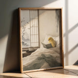 Waterslager Canary Reading in Bed Poster | Japanese Zen Sumi-e Bird Wall Art | Warm Ivory Fog Gray Decor | Minimalist Bedroom Print