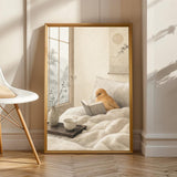 Cinnamon Canary Reading in Bed Poster | Japanese Zen Sumi-e Bird Wall Art | Warm Ivory Neutral Decor | Minimalist Bedroom Print