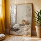 Cinnamon Canary Reading in Bed Poster | Japanese Zen Sumi-e Bird Wall Art | Warm Ivory Neutral Decor | Minimalist Bedroom Print