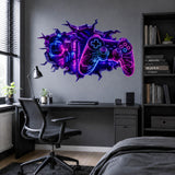 Gaming Wall Vinyl Decal | Neon Controller Broken Wall Illusion Sticker | Gamer Room LED Arcade Wall Art | Teen Bedroom Decor