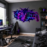 Gaming Wall Vinyl Decal | Neon Controller Broken Wall Illusion Sticker | Gamer Room LED Arcade Wall Art | Teen Bedroom Decor