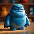 Blue 3D printed superhero pet memorial urn with a cape, heart chest detail, mask, smiling face, and rounded body displayed on a wooden tabletop.