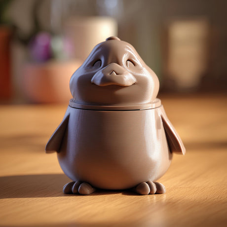 Brown 3D printed duck memorial urn with removable lid, rounded body, small wings, webbed feet, smiling face, and beak displayed on a wooden tabletop.
