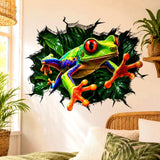 3D broken wall vinyl decal featuring a weird colorful tree frog with big red eyes reaching forward in a lush green rainforest background.