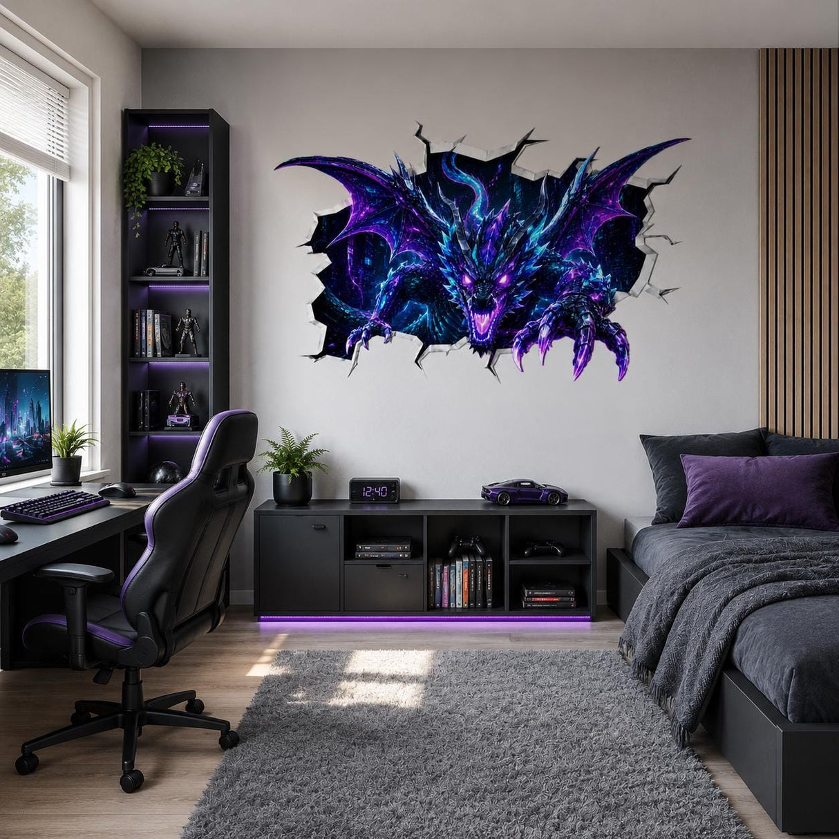 Neon Dragon Wall Decal | 3D Cracked Wall Illusion Sticker | Fantasy Cyber Dragon | Teen Gaming Room Decor