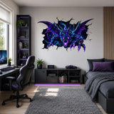 Neon Dragon Wall Decal | 3D Cracked Wall Illusion Sticker | Fantasy Cyber Dragon | Teen Gaming Room Decor