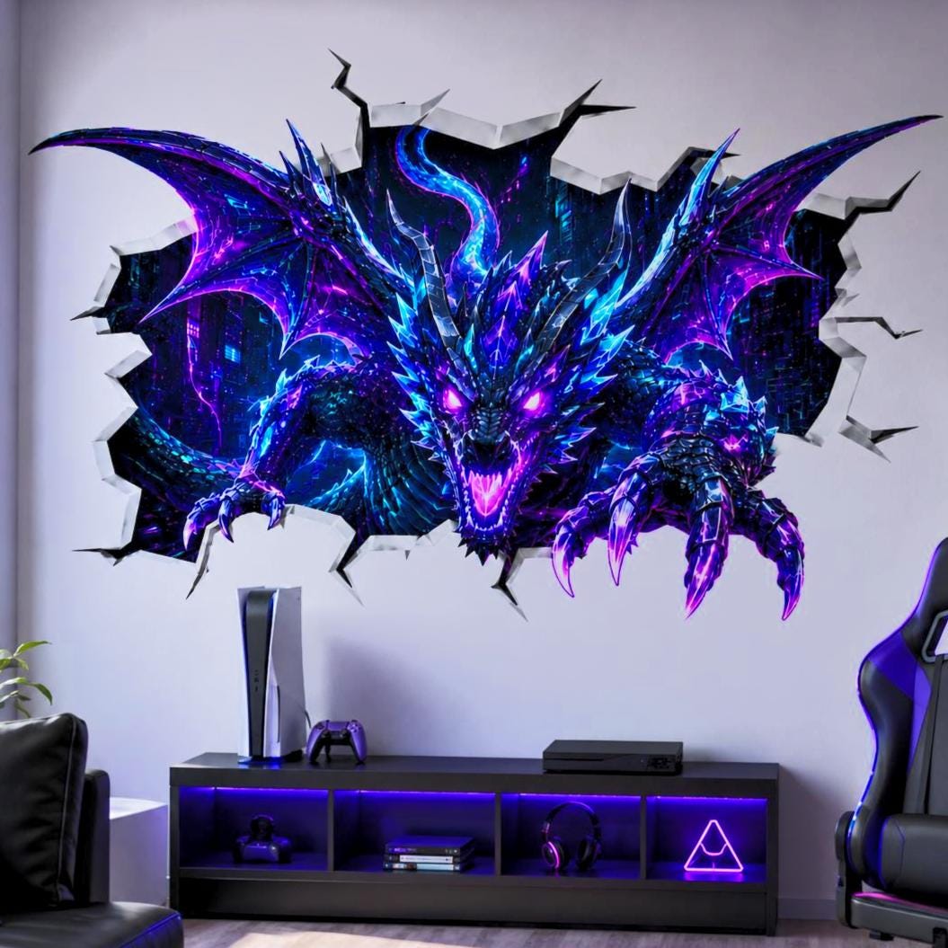 Purple and blue neon cyberpunk dragon wall vinyl decal bursting through a cracked wall with glowing eyes, spread wings, horns, and extended claws. Broken Wall Illusion Sticker