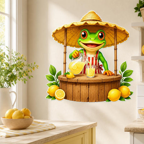 Bright green cartoon frog in a striped apron serving lemonade from a wooden stand with a straw canopy, pitcher, glass, lemons, and green leaves.