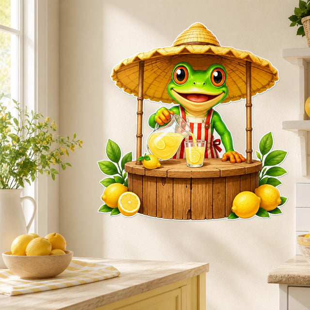 Bright green cartoon frog in a striped apron serving lemonade from a wooden stand with a straw canopy, pitcher, glass, lemons, and green leaves.