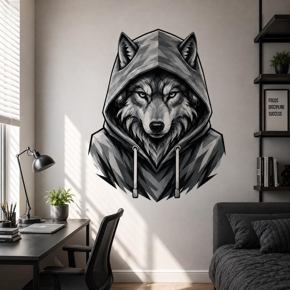 Wolf in Hoodie Wall Vinyl Decal | Black and White Urban Animal Sticker | Teen Bedroom Wall Art | Gamer Room Streetwear Decor | Modern Accent