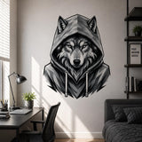 Wolf in Hoodie Wall Vinyl Decal | Black and White Urban Animal Sticker | Teen Bedroom Wall Art | Gamer Room Streetwear Decor | Modern Accent