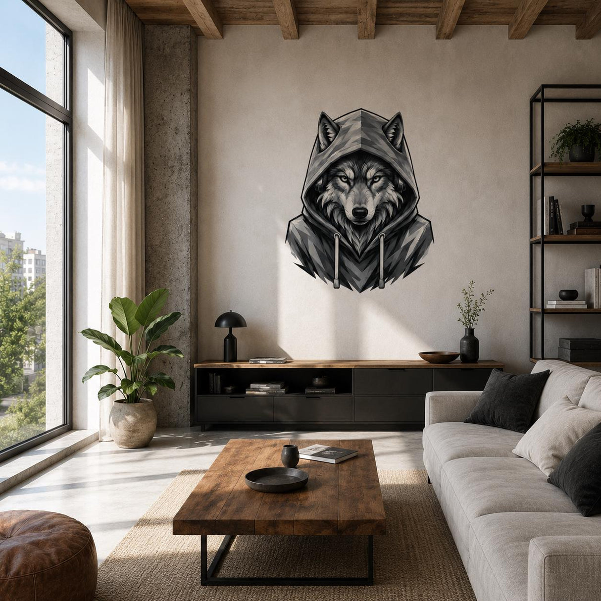 Wolf in Hoodie Wall Vinyl Decal | Black and White Urban Animal Sticker | Teen Bedroom Wall Art | Gamer Room Streetwear Decor | Modern Accent