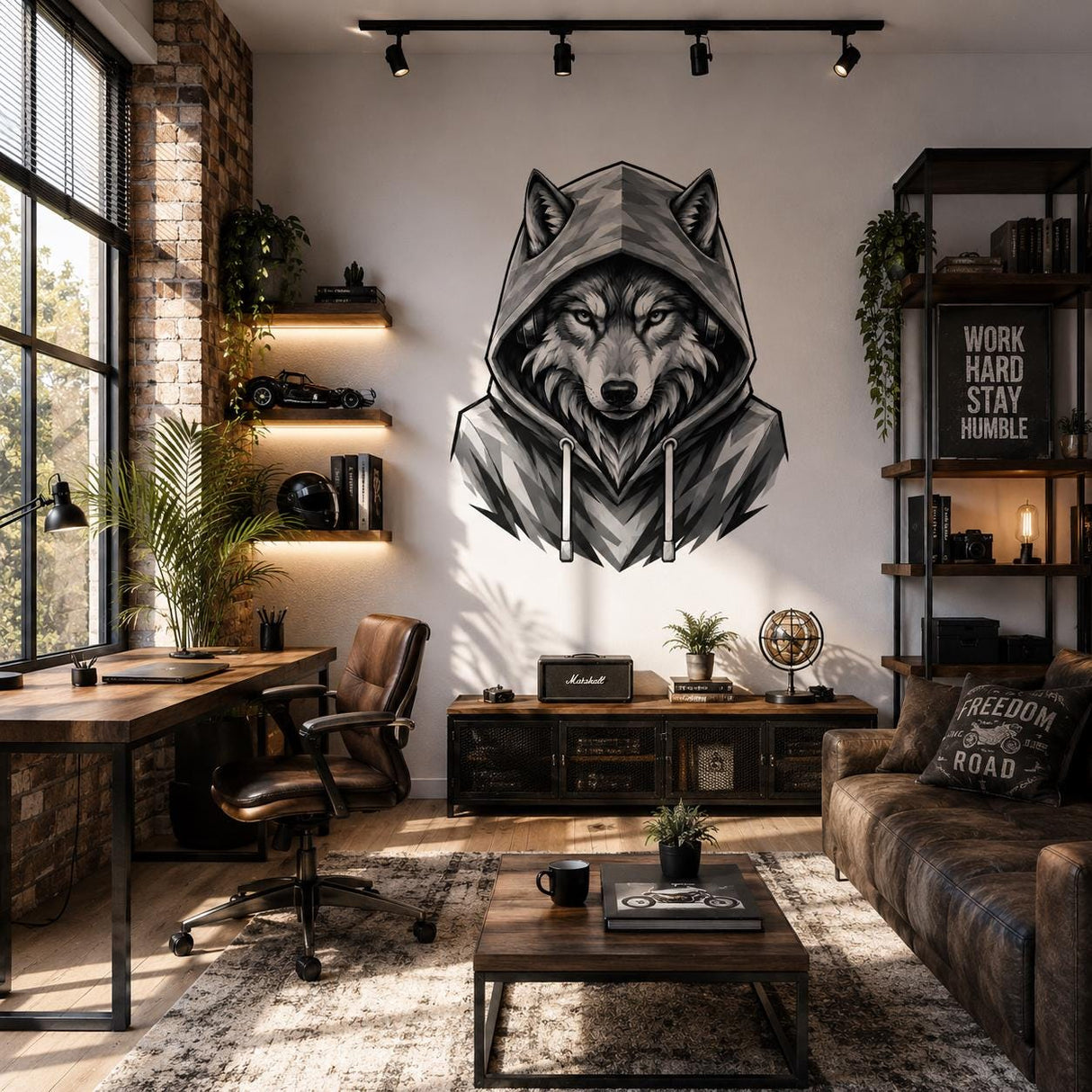 Wolf in Hoodie Wall Vinyl Decal | Black and White Urban Animal Sticker | Teen Bedroom Wall Art | Gamer Room Streetwear Decor | Modern Accent