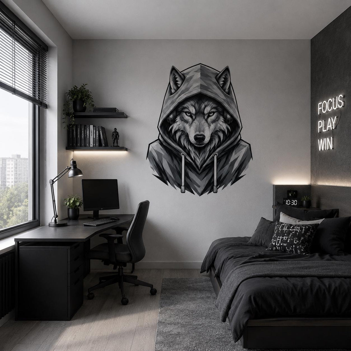 Wolf in Hoodie Wall Vinyl Decal | Black and White Urban Animal Sticker | Teen Bedroom Wall Art | Gamer Room Streetwear Decor | Modern Accent