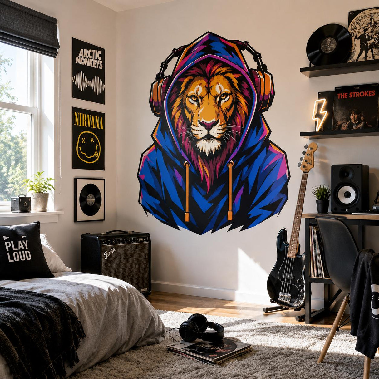 Lion in Hoodie Wall Vinyl Decal | Colorful Gamer Lion Sticker | Urban Streetwear Animal Wall Art | Teen Bedroom Gaming Room Decor