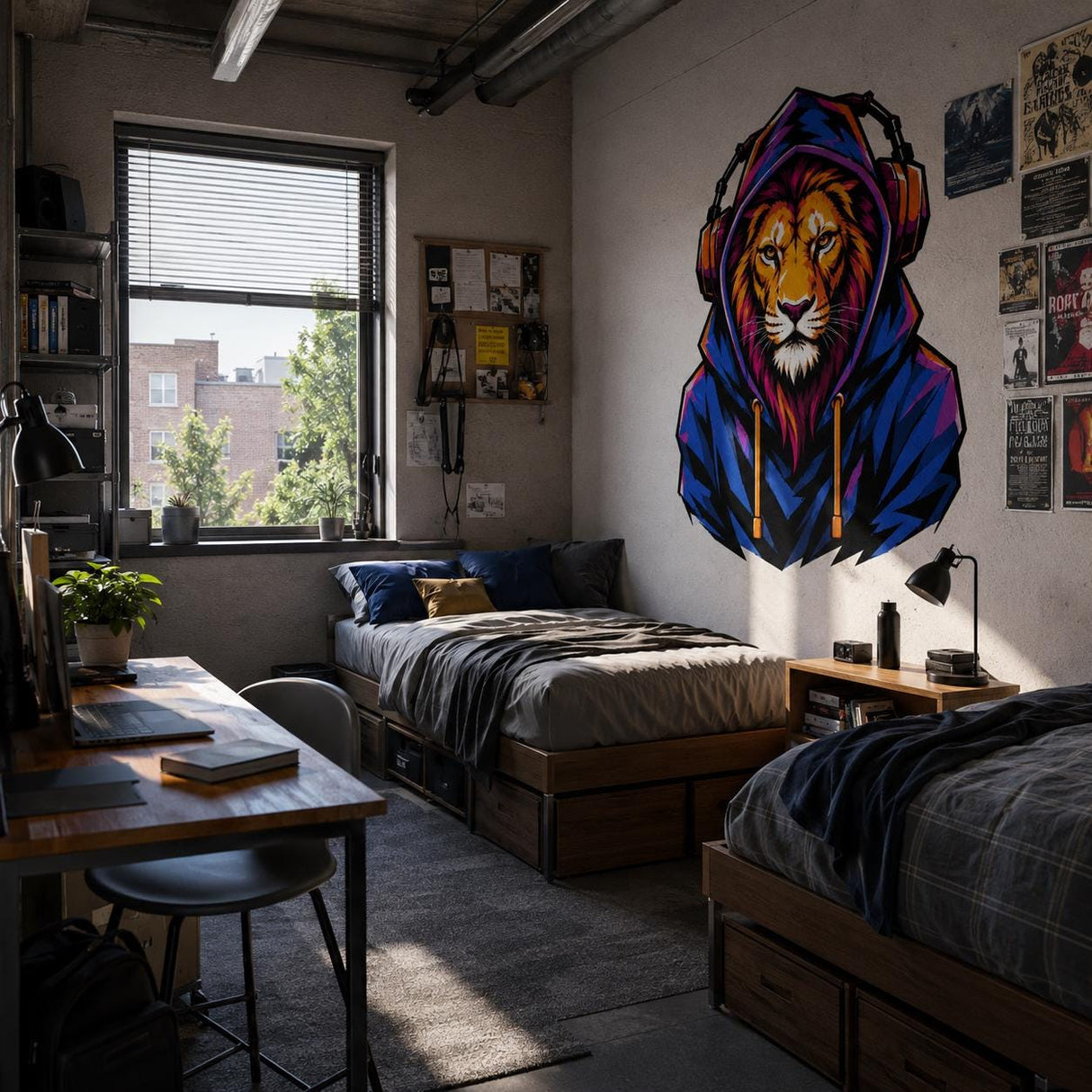 Lion in Hoodie Wall Vinyl Decal | Colorful Gamer Lion Sticker | Urban Streetwear Animal Wall Art | Teen Bedroom Gaming Room Decor