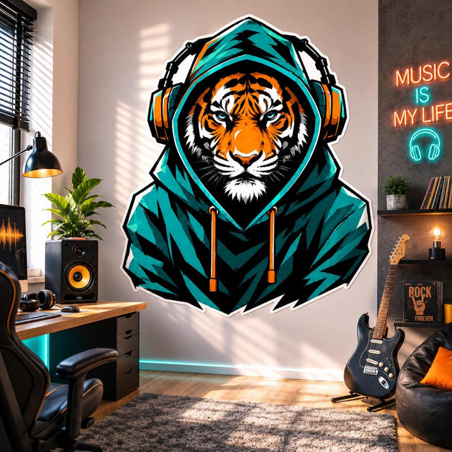 Orange tiger with pale blue eyes wearing a teal hooded sweatshirt and large orange headphones, illustrated in bold black, white, teal, and orange street-art style.