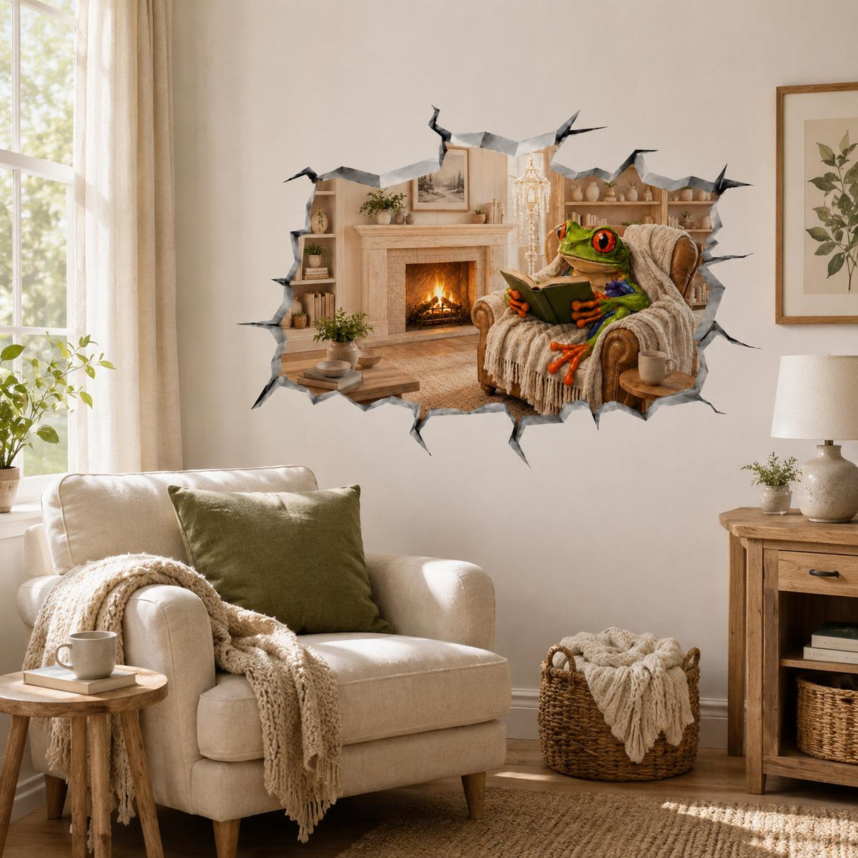 Weird Reading Frog Wall Vinyl Decal | 3D Broken Wall Illusion Sticker | Cozy Fireplace Frog Wall Art | Funny Book Lover Room Decor