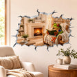 3D broken wall vinyl decal showing a weird green frog sitting in a cozy armchair by a fireplace, wrapped in a blanket and reading a book.