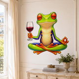 Weird green frog wall vinyl decal sitting cross-legged in a meditation pose, holding a glass of red wine with one hand on a white background.