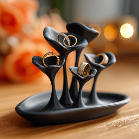Black 3D printed mushroom-style jewelry holder with curved cup-shaped ring holders on a tray base, displayed on a wooden surface with gold rings inside.