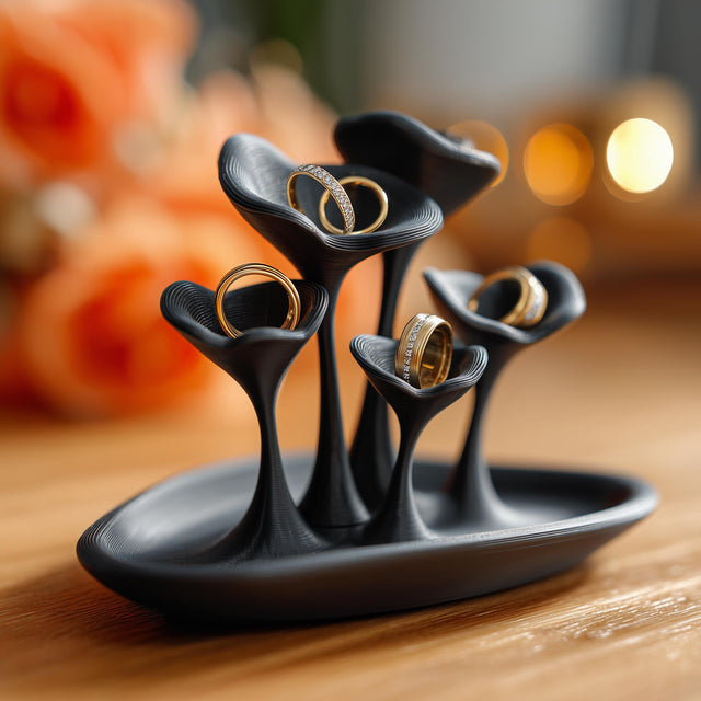 Black 3D printed mushroom-style jewelry holder with curved cup-shaped ring holders on a tray base, displayed on a wooden surface with gold rings inside.