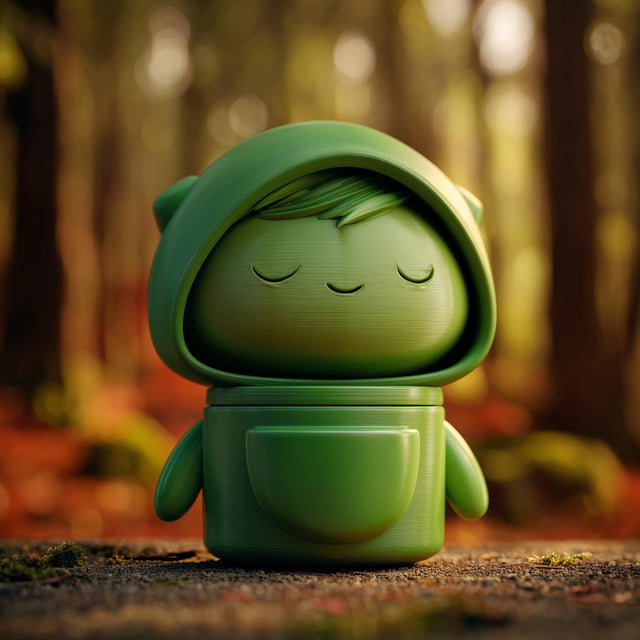 3D printed forest spirit memorial urn with hooded character design and removable lid, displayed in a woodland-inspired setting.