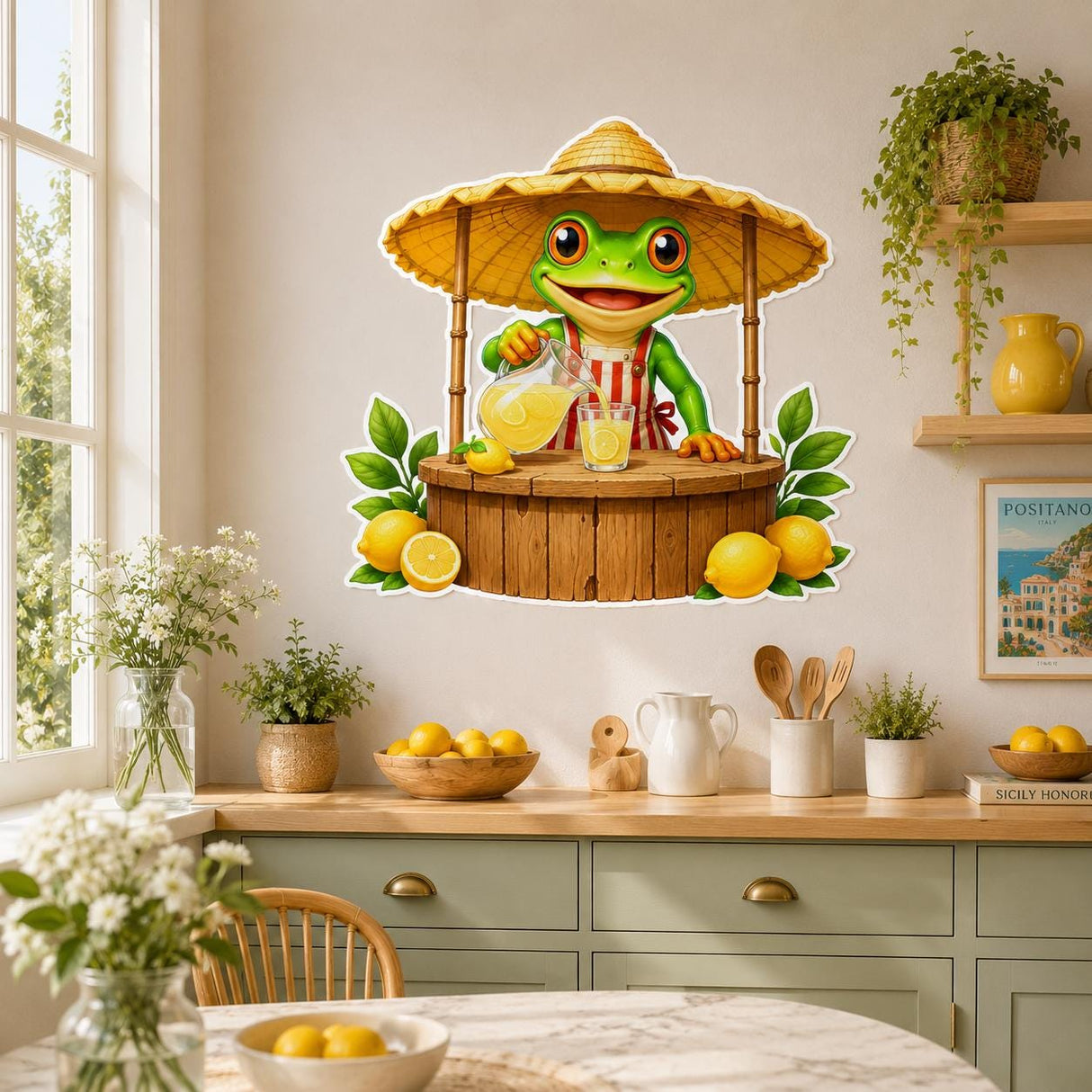 Weird Lemonade Frog Wall Vinyl Decal | Funny Frog Lemon Stand Sticker | Quirky Kitchen Wall Art | Kids Room Summer Decor