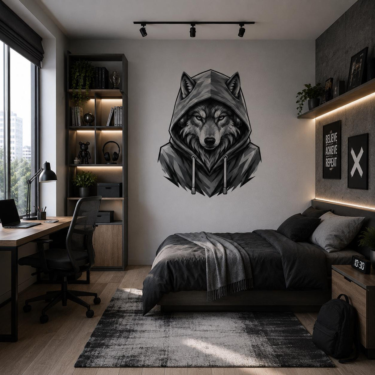 Wolf in Hoodie Wall Vinyl Decal | Black and White Urban Animal Sticker | Teen Bedroom Wall Art | Gamer Room Streetwear Decor | Modern Accent