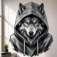Black, white, and gray illustration of a serious wolf wearing a faceted hooded sweatshirt, with pointed ears, pale eyes, detailed fur, and long drawstrings.