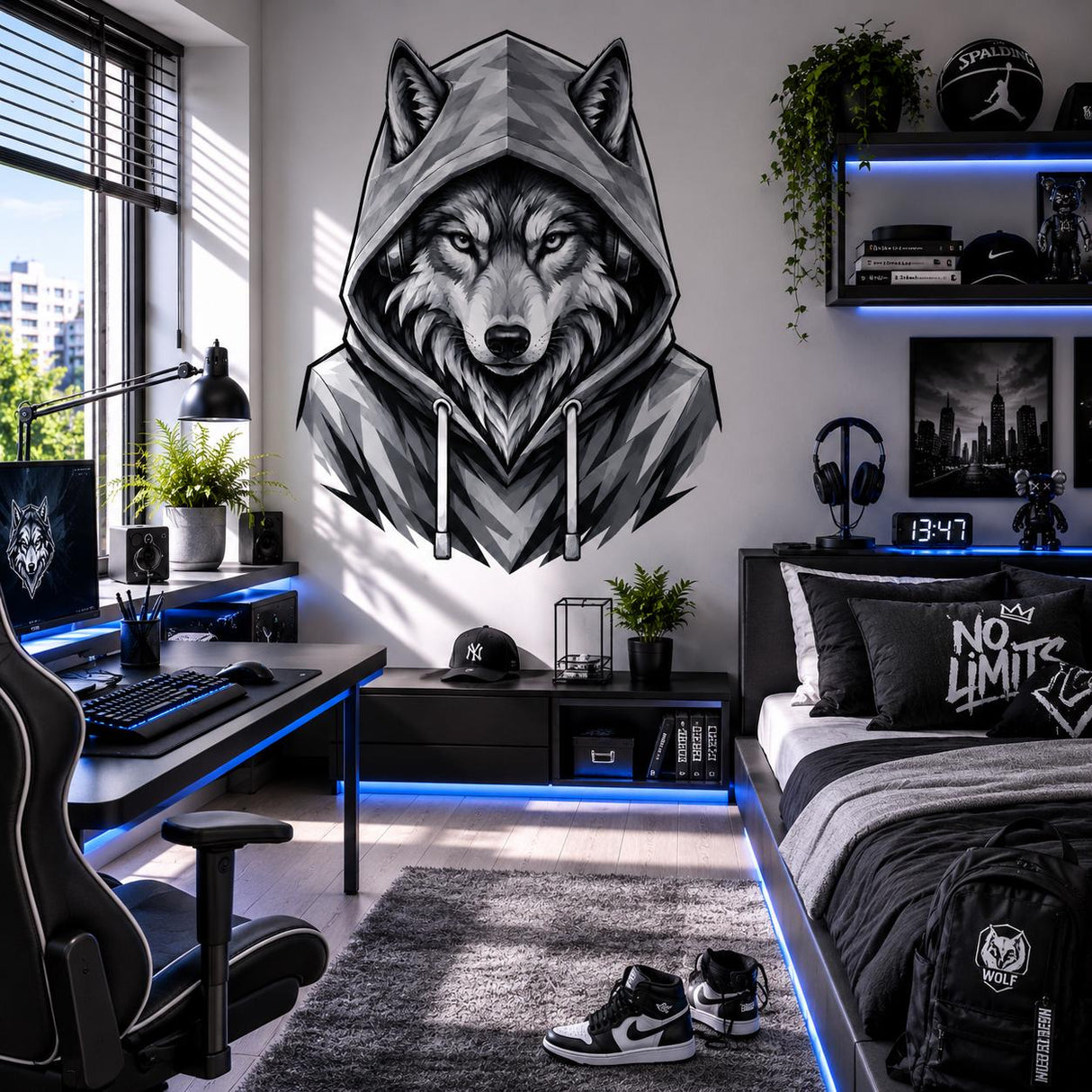 Wolf in Hoodie Wall Vinyl Decal | Black and White Urban Animal Sticker | Teen Bedroom Wall Art | Gamer Room Streetwear Decor | Modern Accent